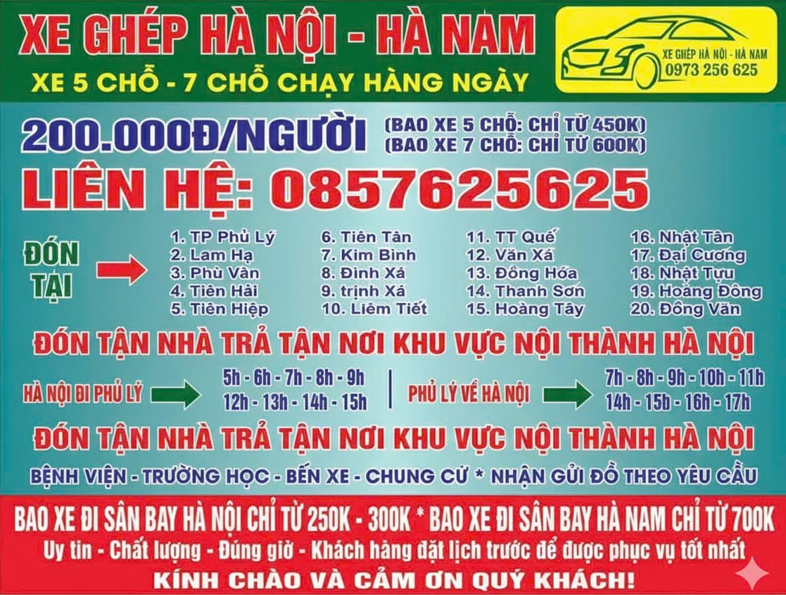 Xe ghép Hậu Phan - Dịch vụ xe ghép tuyến Hà Nam, Hà Nội, sân bay Nội Bài